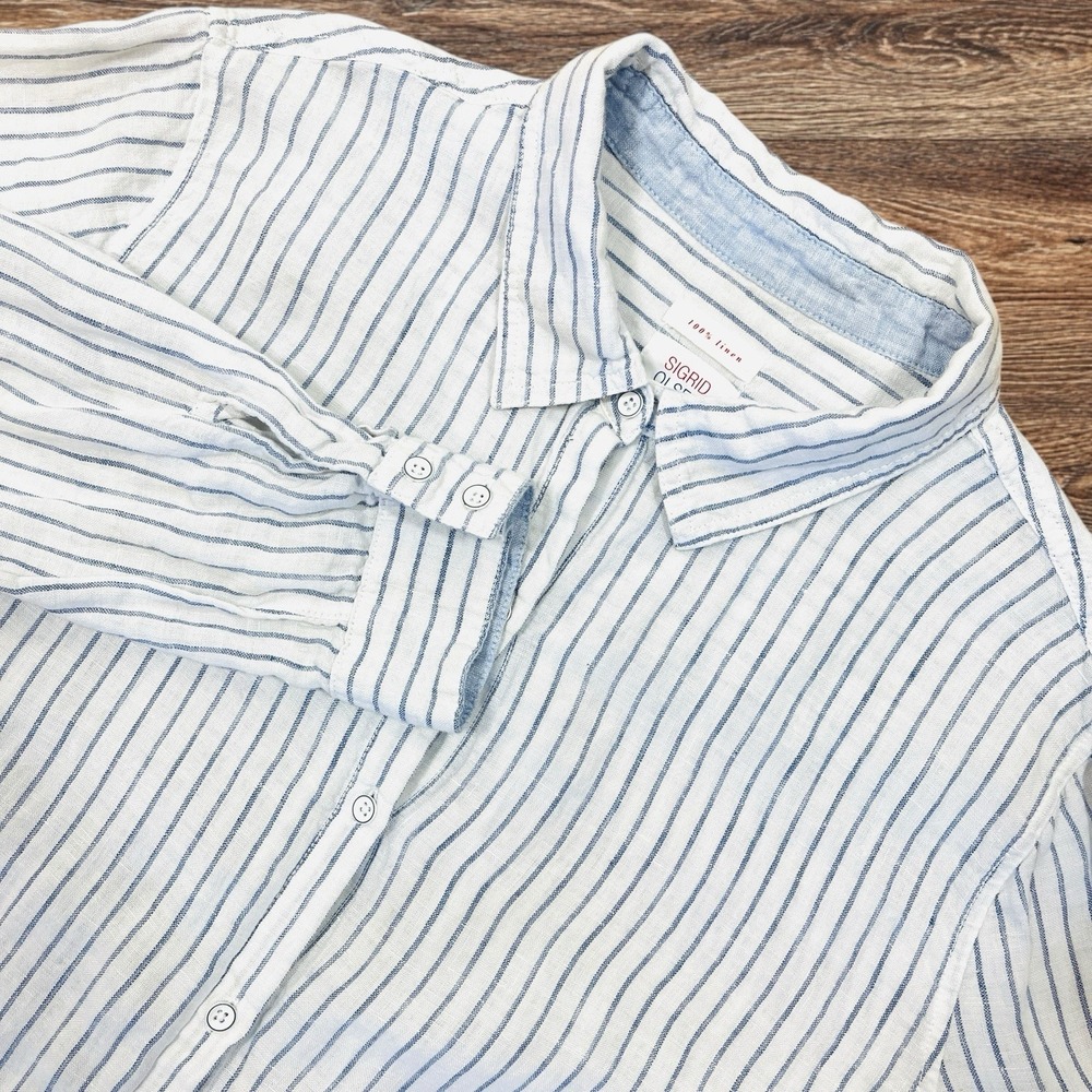 Sigrid Olsen 100% Linen Button Up Shirt Womens XL White w/ Blue Stripes Coastal